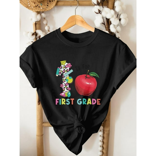 Kids First Grade Birthday Teacher's Helper Graphic T-Shirt - Soft Pastel Pink Cotton Top for Boys & Girls, Back to School outfits, First Day of School, easy-Care everyday Classroom apparel
