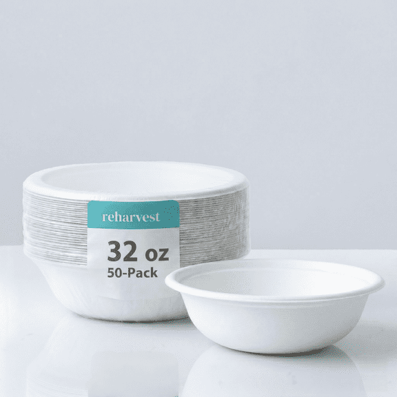 Reharvest home Compostable Leak Resistant Disposable Paper Bowls, 30-oz, White 50 (packs)
