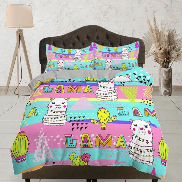 Llama linda ropa de cama de neón colorido, juego de funda nórdica y funda de almohada, ropa de cama con cremallera,