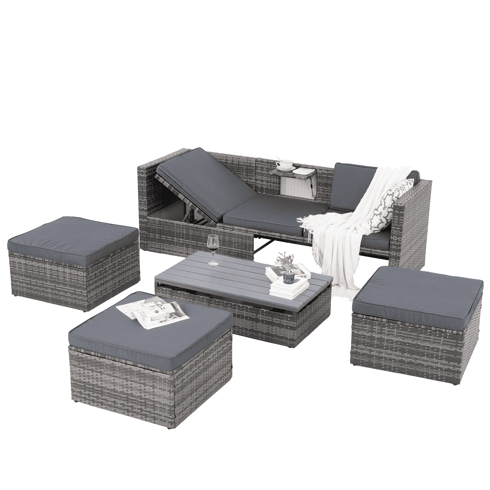5 Piece Patio Furniture Set, All-Weather Outdoor Conversation Set with Lift-top Coffee Table & Ottomans, Adustable Backrest Wicker Sectional Seating Group for Patio Deck Garden Pool, Gray