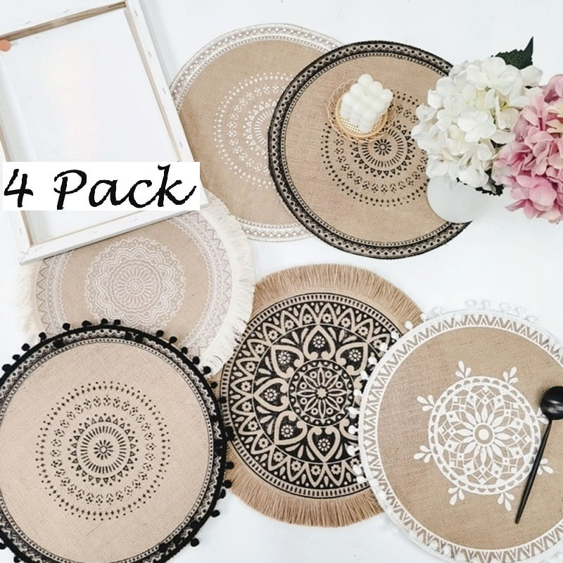 4 Pack Boho Round Placemats, Jute Linen with Macrame Table Mats for