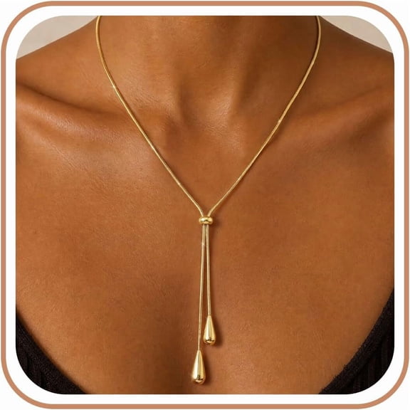 Lariat 14k Gold Plated Necklace for Women Long Chunky Y Drop Necklaces Simple Adjustable Non Tarnish, Jewelry Gift