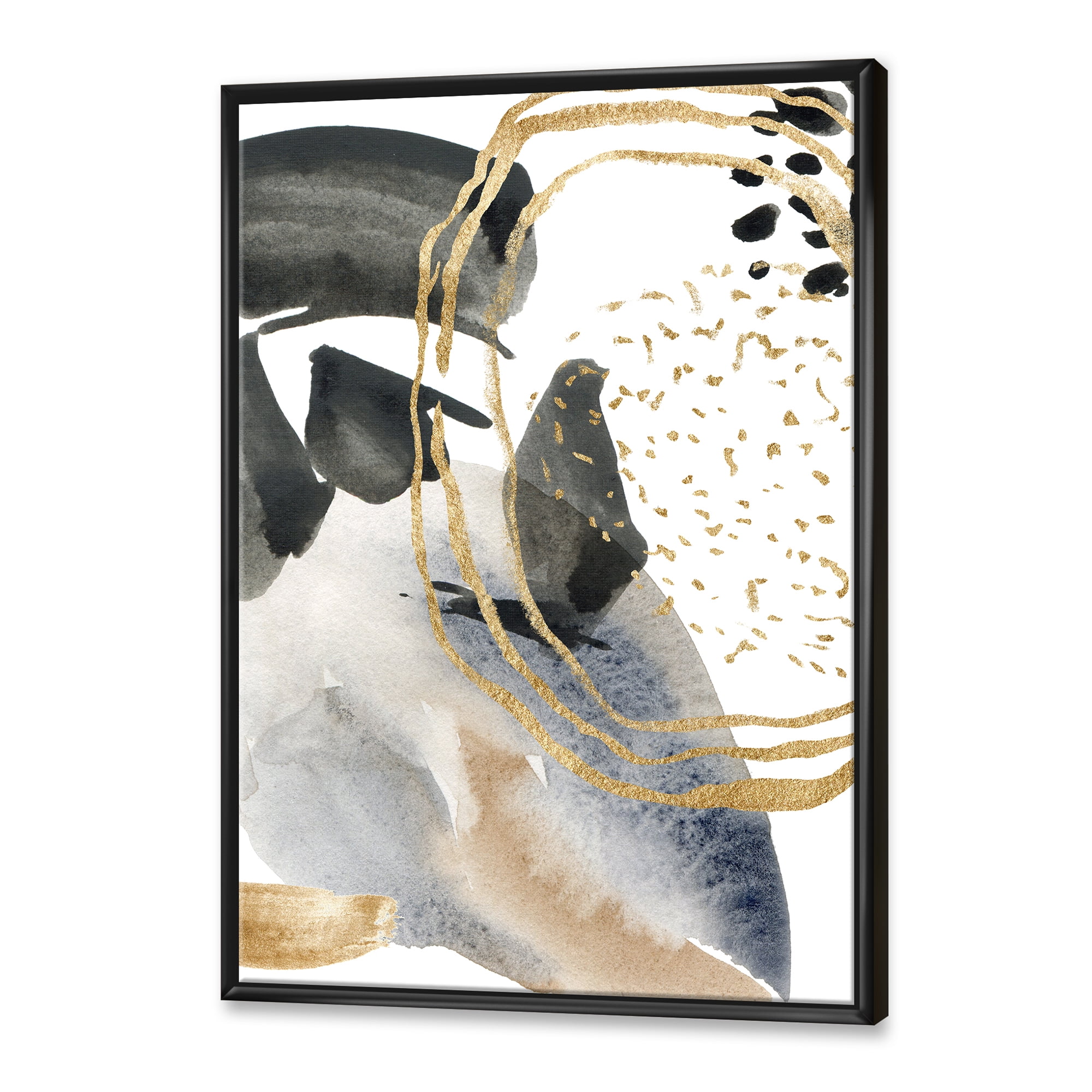 Pastel Abstract With Black Blue Beige and Gold Spots 30 in x 40 in Framed Painting Canvas Art Print, by Designart