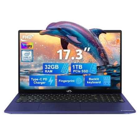 17.3" IPS FHD-Laptop, 32GB RAM, 1TB SSD, Intel 6-Cores i3-1215U (Beat i5-1135G7), 65W Type-C, Fingerprint, Computer with Backlit Keyboard Fingerprint Laptops for Business and Student, Wi-Fi 6, Win 11