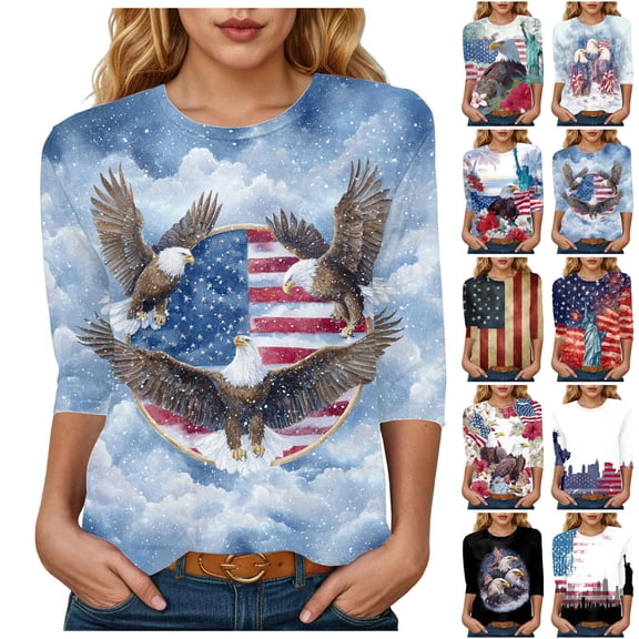 GEWSEY 4Th of July Shirts Women 3/4 Sleeve Crewneck Cute Shirts Casual Print T Shirt (Light Blue, M)