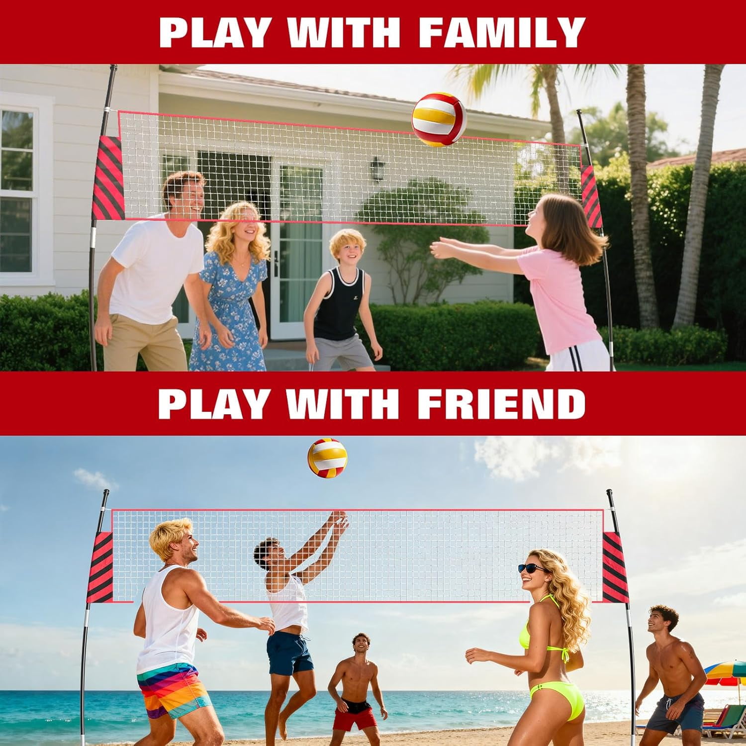 Riedhoff 12 ft Portable Volleyball Net with Stand, Height Adjustable, with Carry Bag, Red & Black