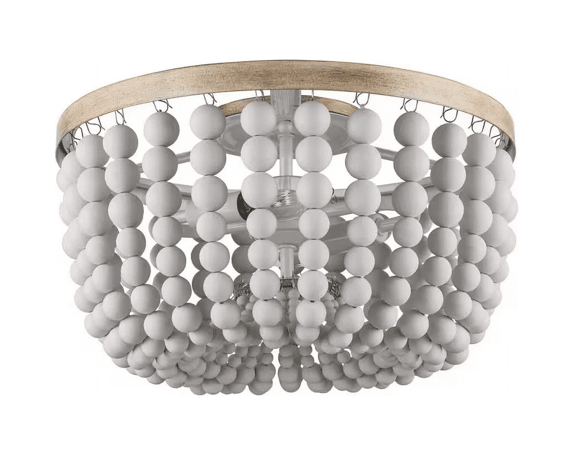 Cayman 13 in. 2-Light White and Faux Wood Beaded Flush Mount Ceiling Light Fixture with White Beaded Shade