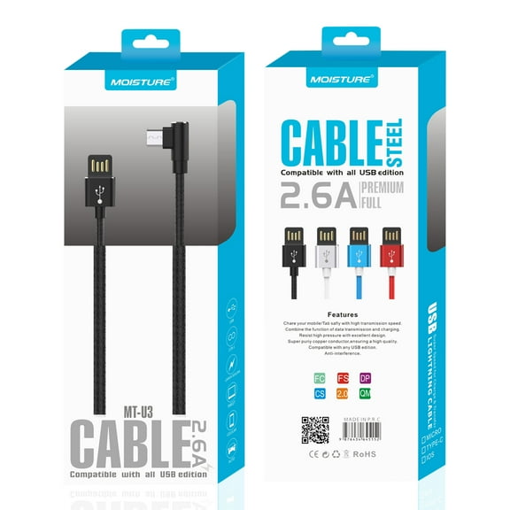 Reiko Wireless Moisture 2.6a Premium Full Steel Micro to Ligntning Data Cable in Black