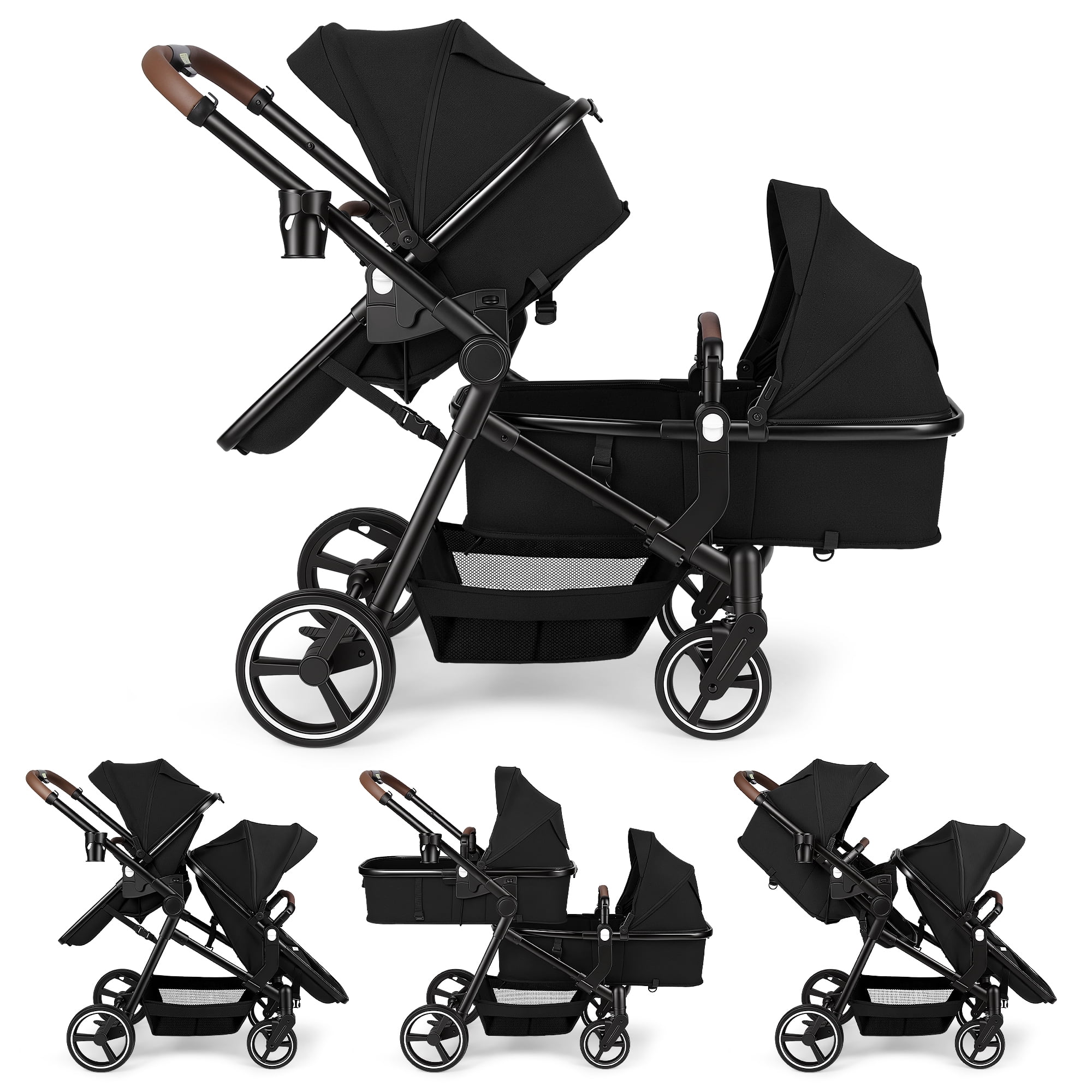 Vomeast Double Stroller for Infant and Toddler, Foldable Tandem Stroller with Reversible Seats, 5-Point Harness, Adjustable Canopies, Black