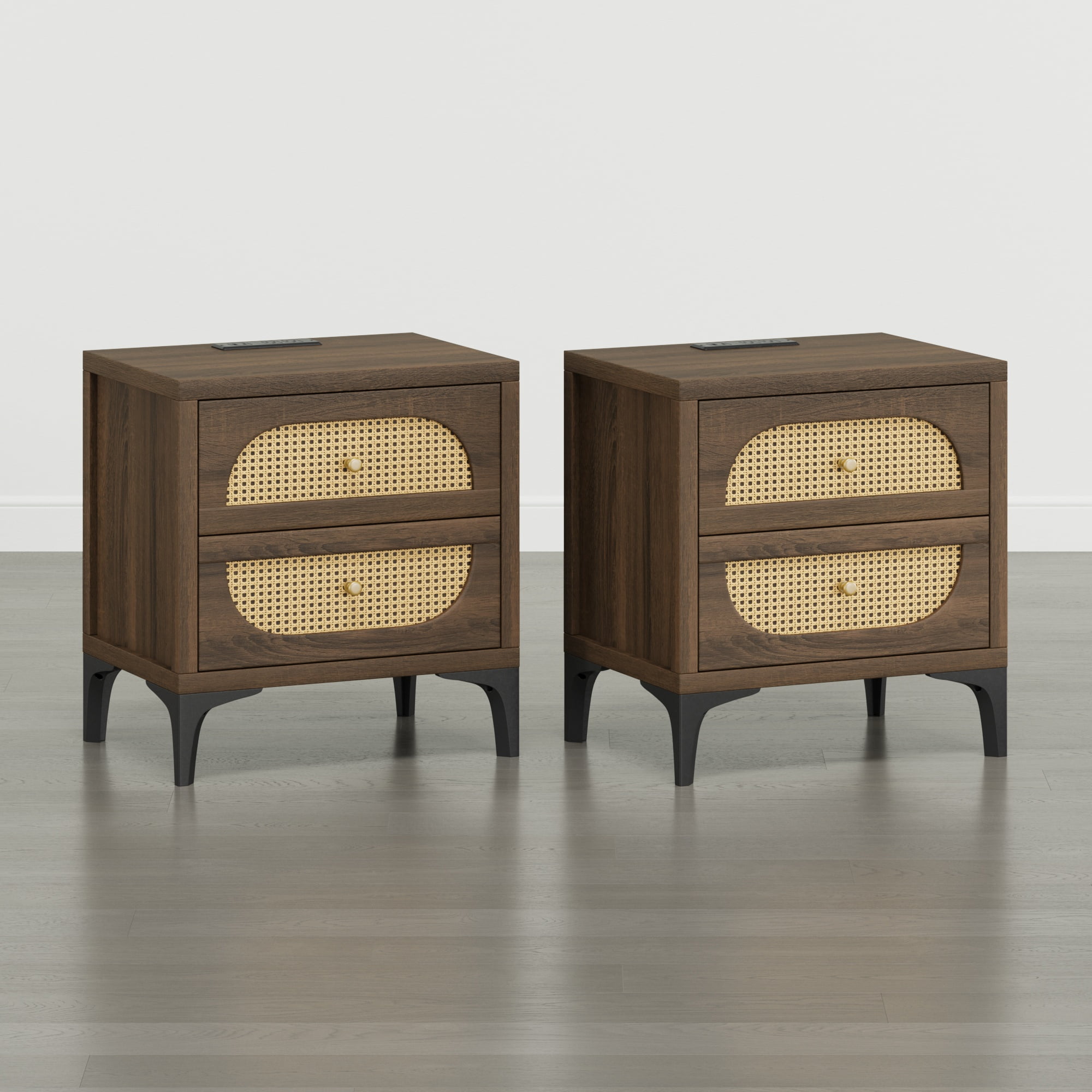 Spruce & Spring Boho Nightstands Set of 2, 2-Drawer End Tables with Charging Station, Rattan Front, Columbia Brown Wood Finish