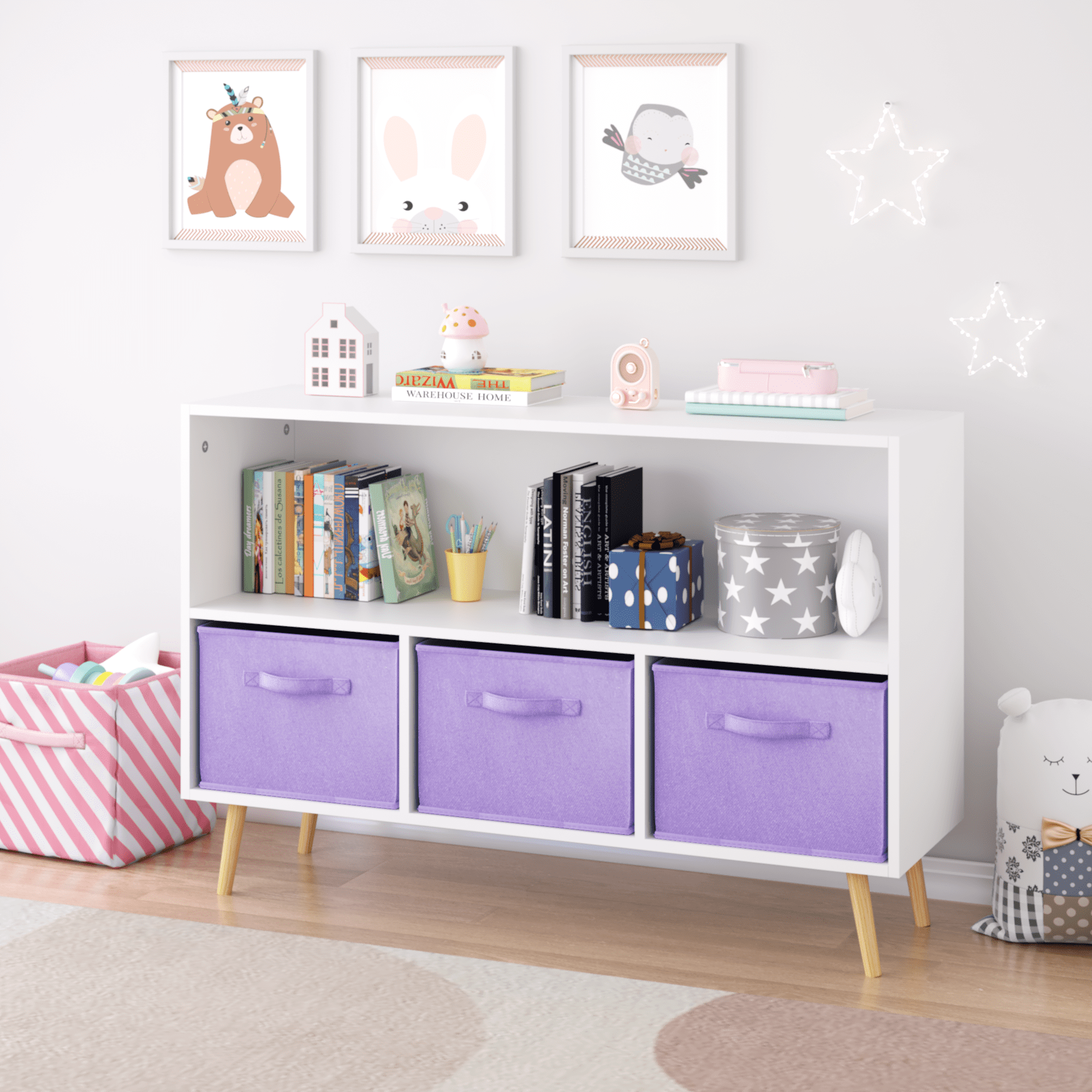 Kids Bookcase with Collapsible Fabric Drawers, Children Book Display & Toy Storage Organizer, White/Purple, Anti-Tip Safety Cabinet