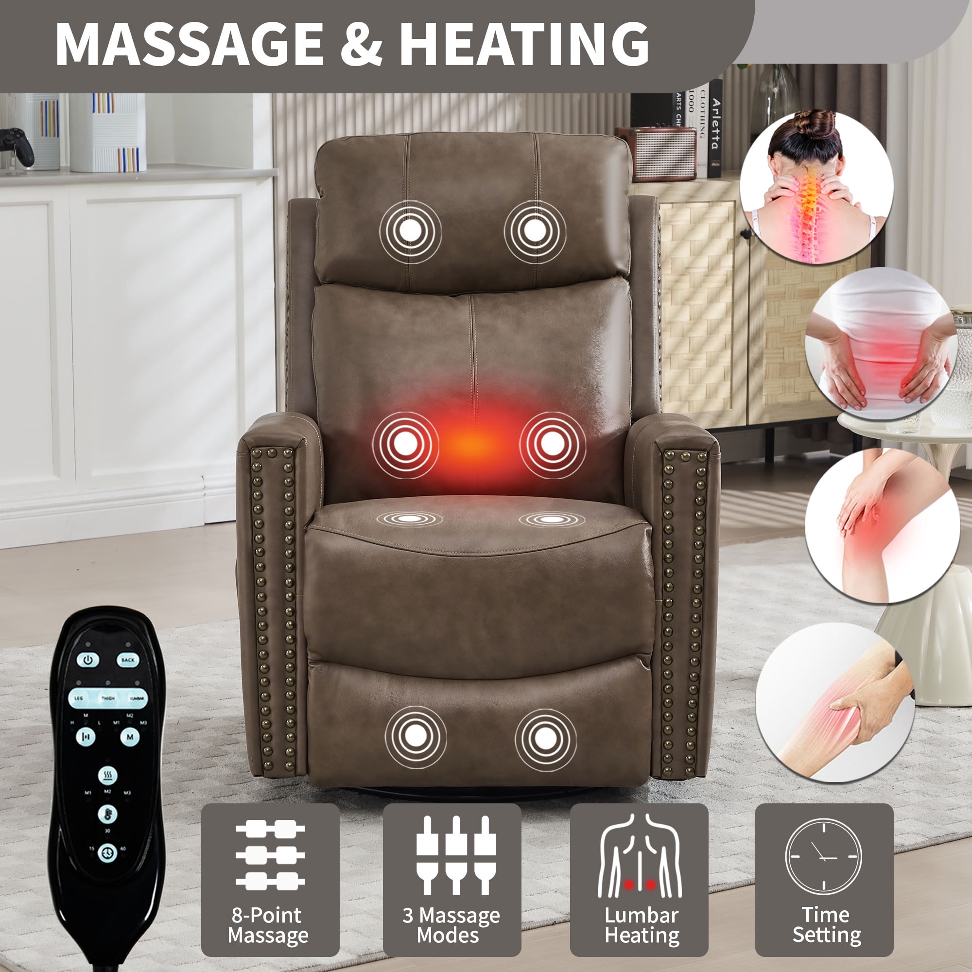 MAYEERTY Genuine Leather Swivel Recliner Chair, Manual Rocker Lounge Chair with 8-Point Massage & Lumbar Heat, for Living Room Home Theater