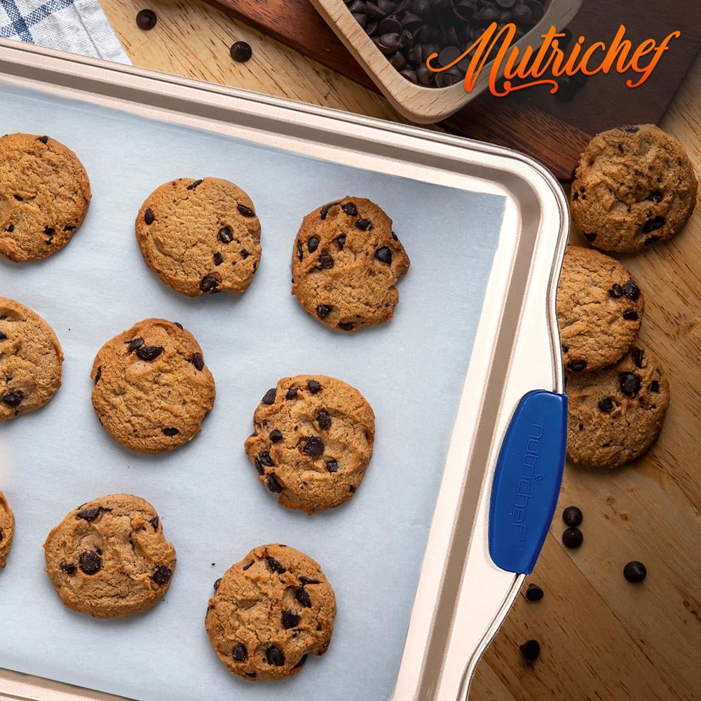 NutriChef 13” Non Stick Cookie Sheet, Small Gold Commercial Grade Restaurant Quality Carbon Metal Bakeware with Blue Silicone Handles, Compatible with Model NCSBSG63