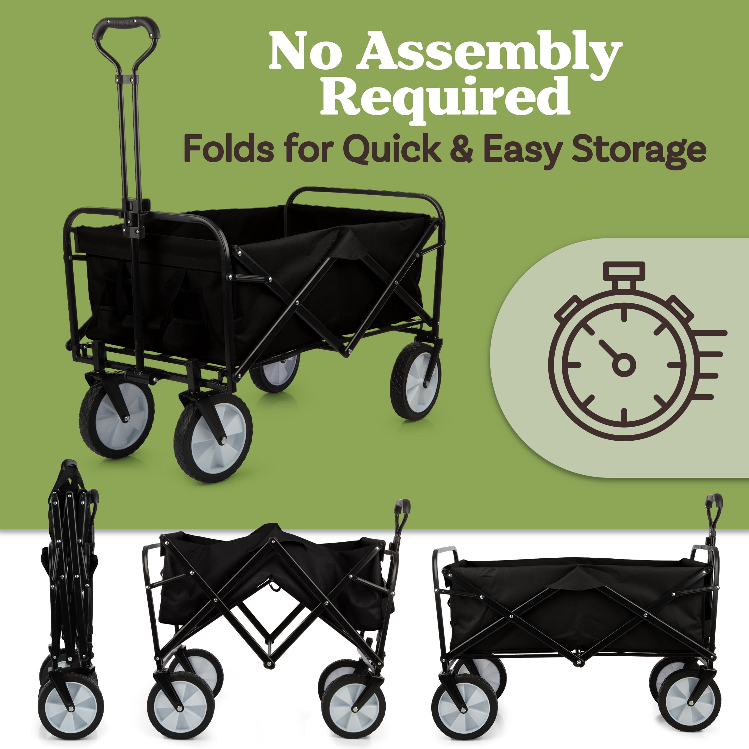 Wakeman Outdoors Collapsible Portable Wagon on Wheels - Grocery, Beach, or Garden Cart, Black