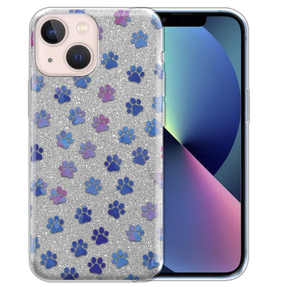 WIRESTER Clear/Silver Glitter Case, Sparkle Bling TPU Cover for Apple iPhone 13 mini 5.4" 2021, Clear Blue Little Dog Paws