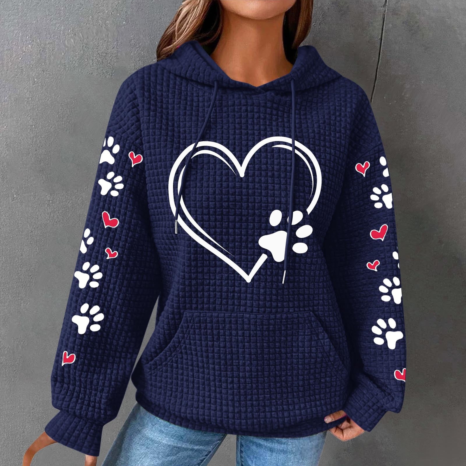 Cute Dog Paw Print Hoodies for Women Casual Oversized Waffle Hooded Sweatshirts Comfy Fall Winter Pullover Tops for Going Out