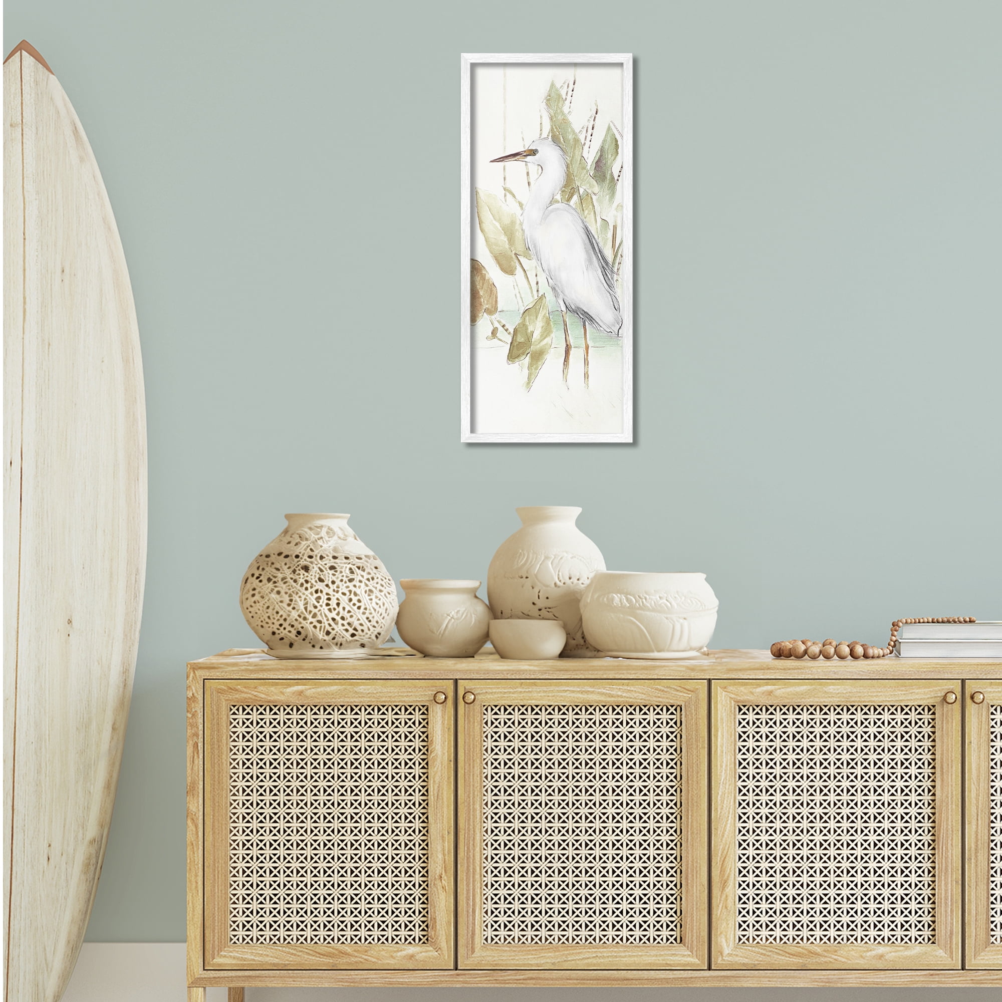Stupell Industries Egret in Lake Drawing Animals & Insects Drawing White Framed Art Print Wall Art, 13 x 30