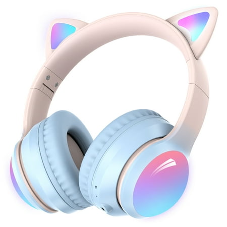 Kid Odyssey Kids Bluetooth Headphones Cat Over Ear with 85dB/94dB Volume Limited,LED Light Up Wireless Headphones, Built-in Mic Headphones for School Airplane,Pink Blue