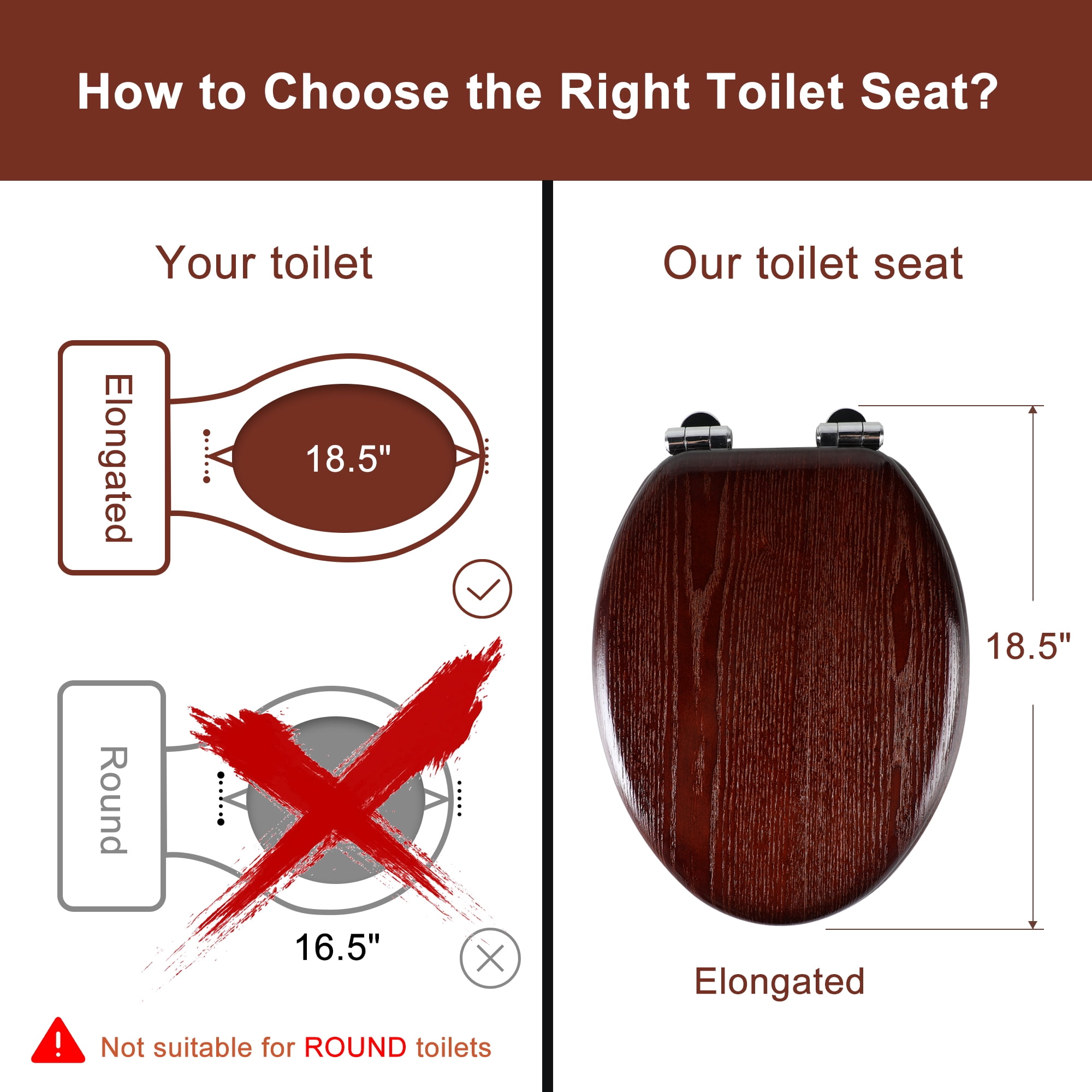 Angol Shiold Wood Elongated Toilet Seat with Quiet Close, Easy Clean, Quick-Release Metal Hinges ( Elongated 18.5'', Dark Walnut )