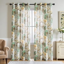 Floral Curtains 84 Inches Long 2 Panels Yellow Linen Curtains for Living Room, Light Filtering Drapes for Dining Room, Green Leaf Print Grommet Window Treatment 2 Panels, 52" Wide