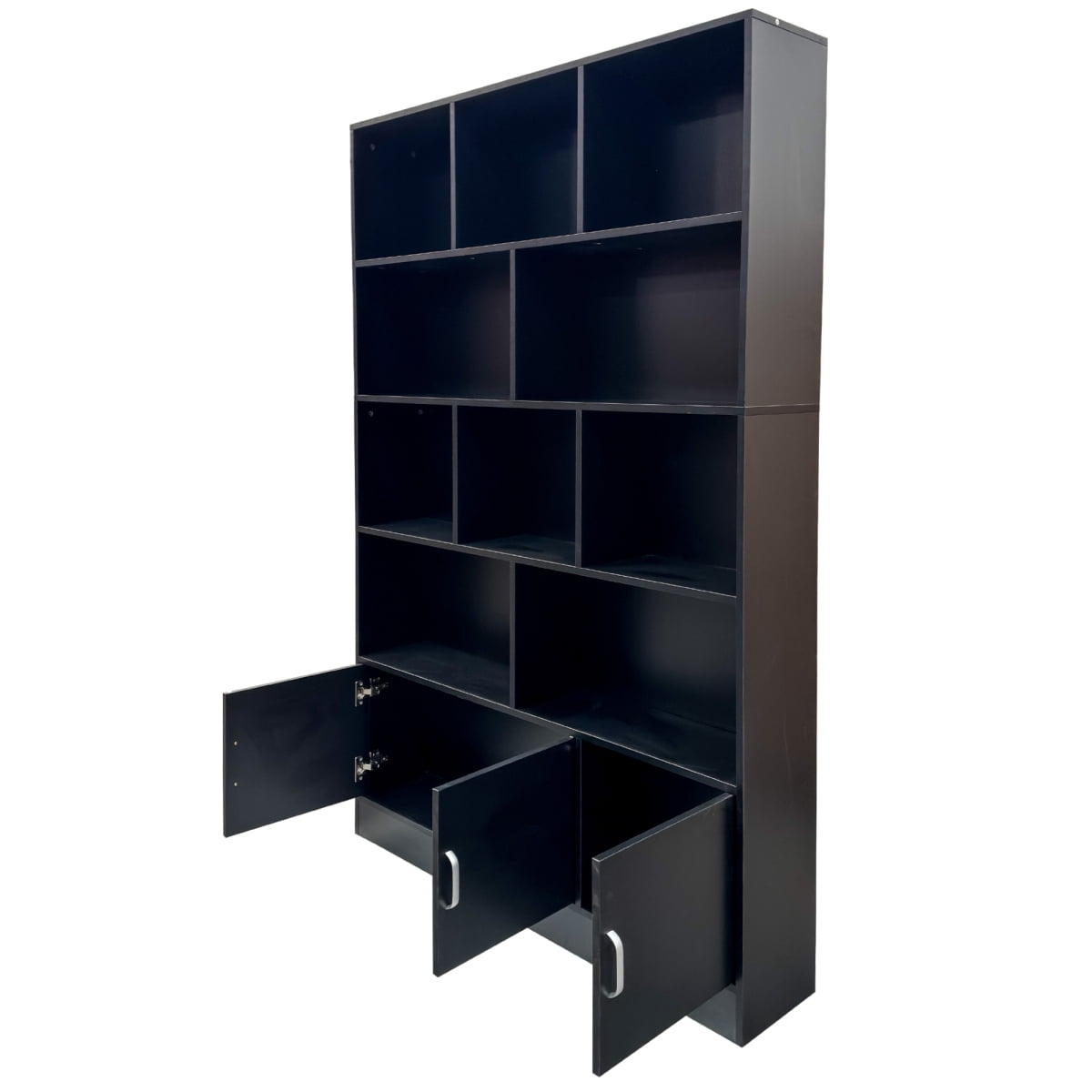 71" Tall Wooden Bookcase, Mid Century Modern Bookshelf with 5-Tier Storage, 3 Doors Open Style Display Shelf W/10 Cubes, Book Shelves Cabinet for Home Office Living Room