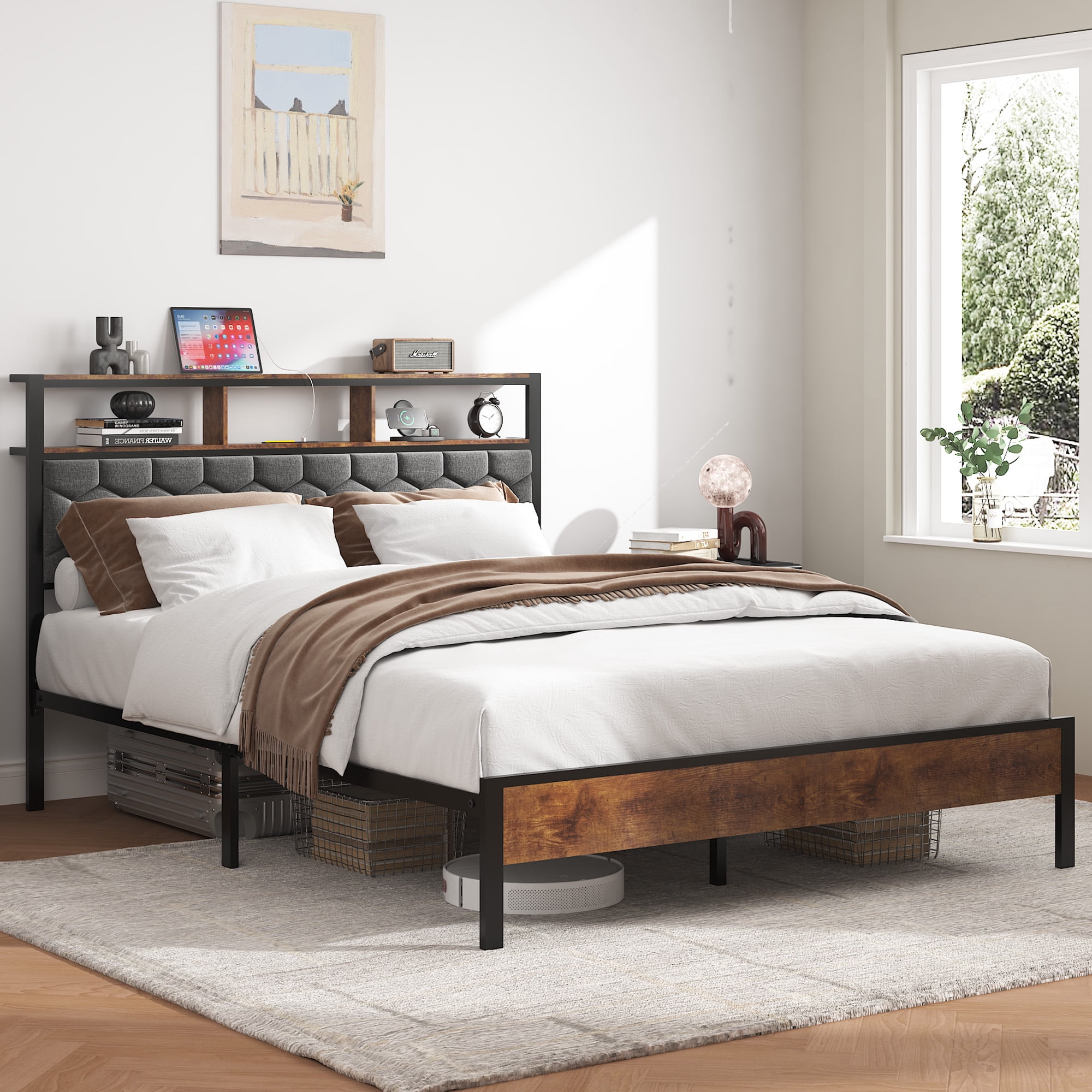 Yoneston Queen Size Bed Frame with Upholstered Storage Headboard and USB Charging, Retro Metal Platform Bed Frame with Under-Bed Storage Noise Free for Bedroom, Brown