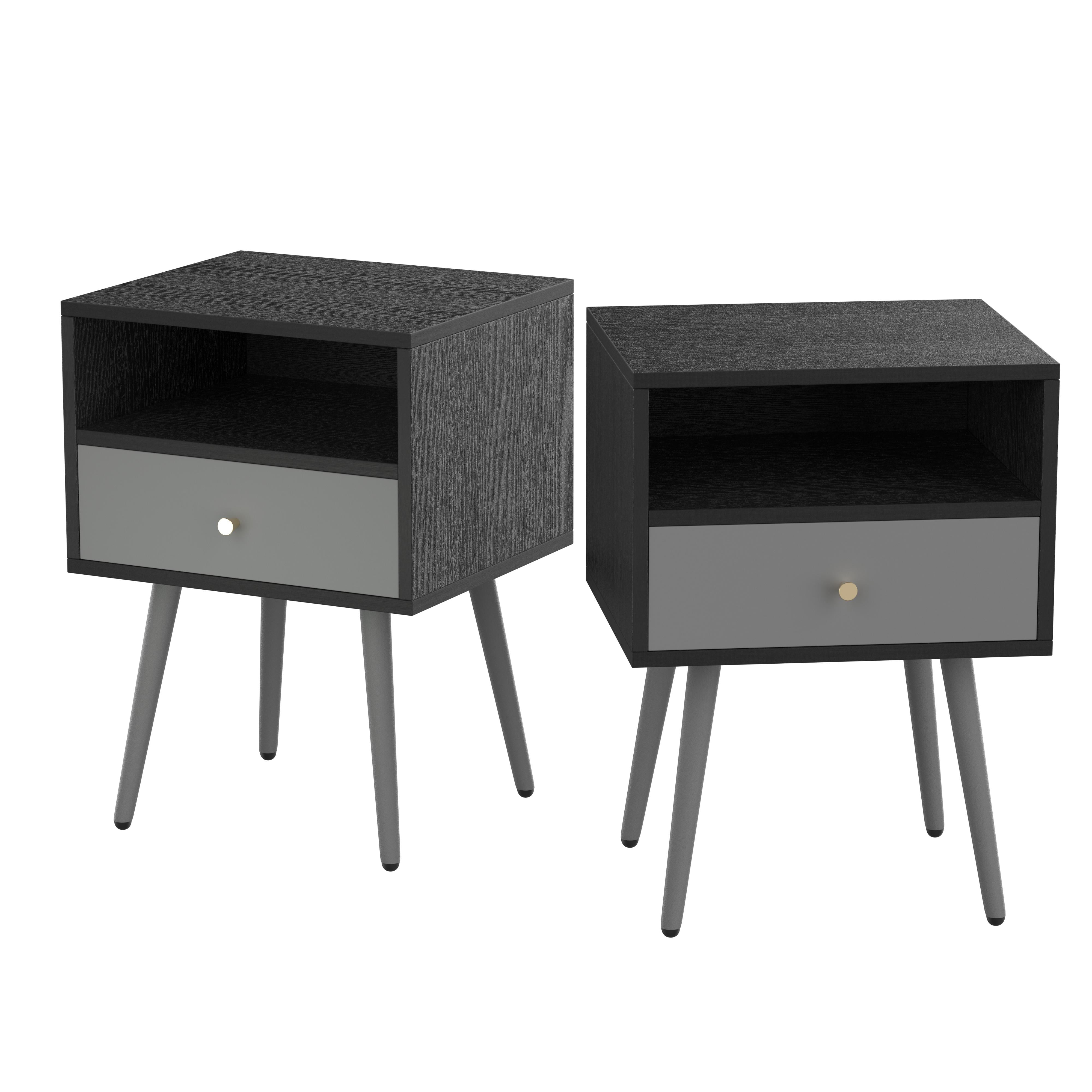 Sesslife Dark Gray Night Stand Set of 2, Solid Metal Legs Furniture