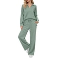 thumbnail image 3 of Womens 2 Piece Lounge Sets Daily Work Wear Fashion Solid-Color Long Sleeve Turndown Collar Top Elastic Waist Pants Sets, 3 of 8