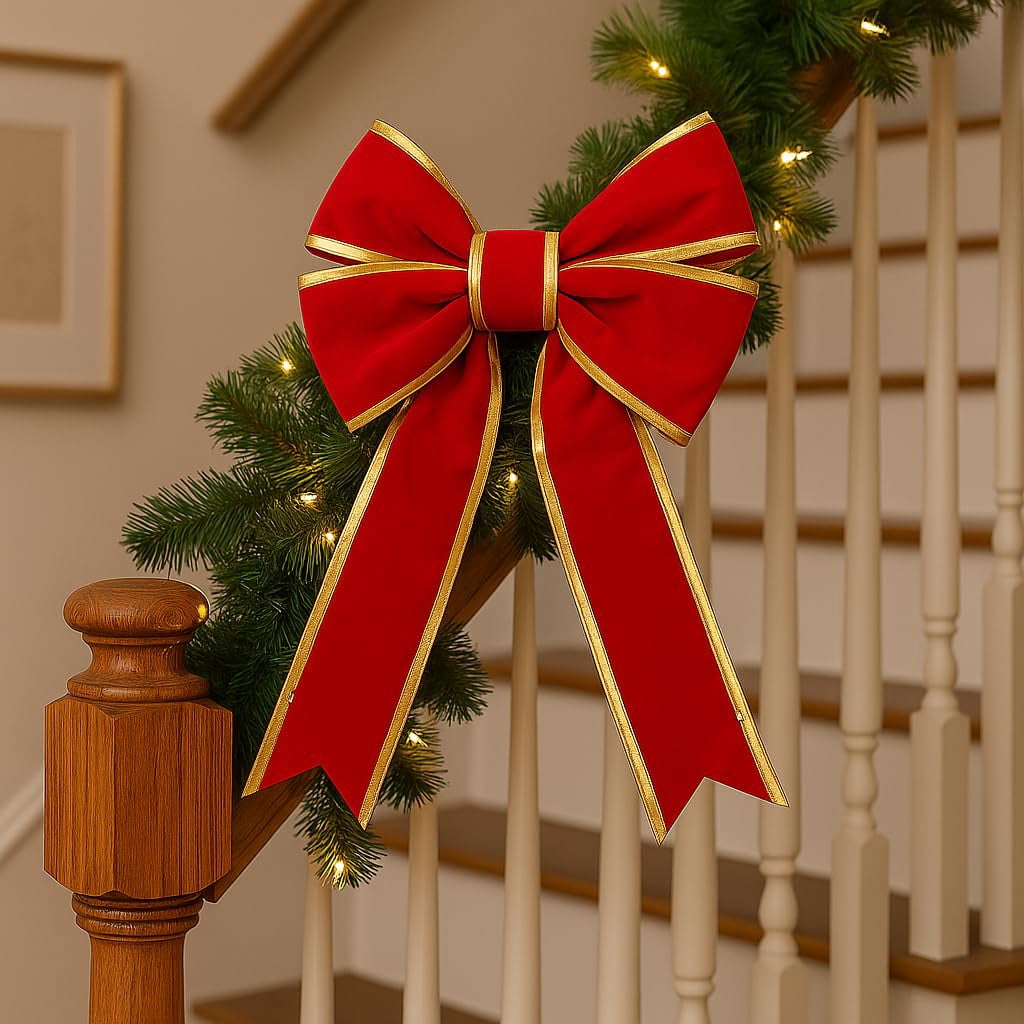 Christmas Designers 18in Red Velvet Christmas Bow with Gold Trim UV Protected Indoor Outdoor