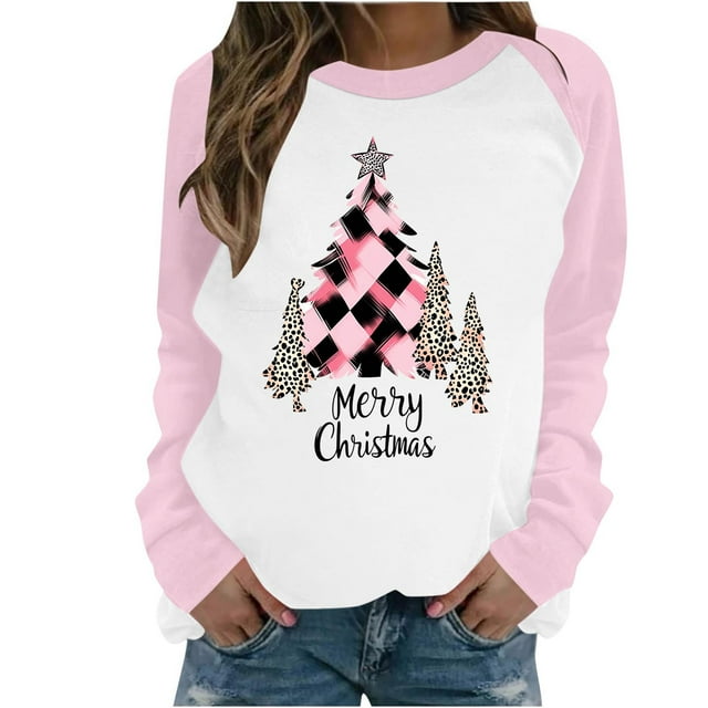 Économies d'Hiver! Chandail à Capuche pour Femmes HVOBTTY, Chandail Décontracté de Noël Imprimé à Manches Longues et Col Rond Raglan Rose, m