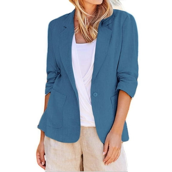 Uooqdmx Blazers for Women Suits Lightweight Business Casual Linen Jackets Plus Size Work One Button Suit Jackets with Pocket Blazers for Women Business Casual Blue L