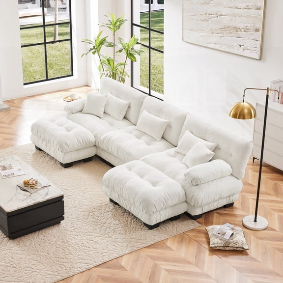 Oversized U Shaped Cloud Sofa Couch for Living Room - Luxury Modular with 2 Ottomans in Chenille White