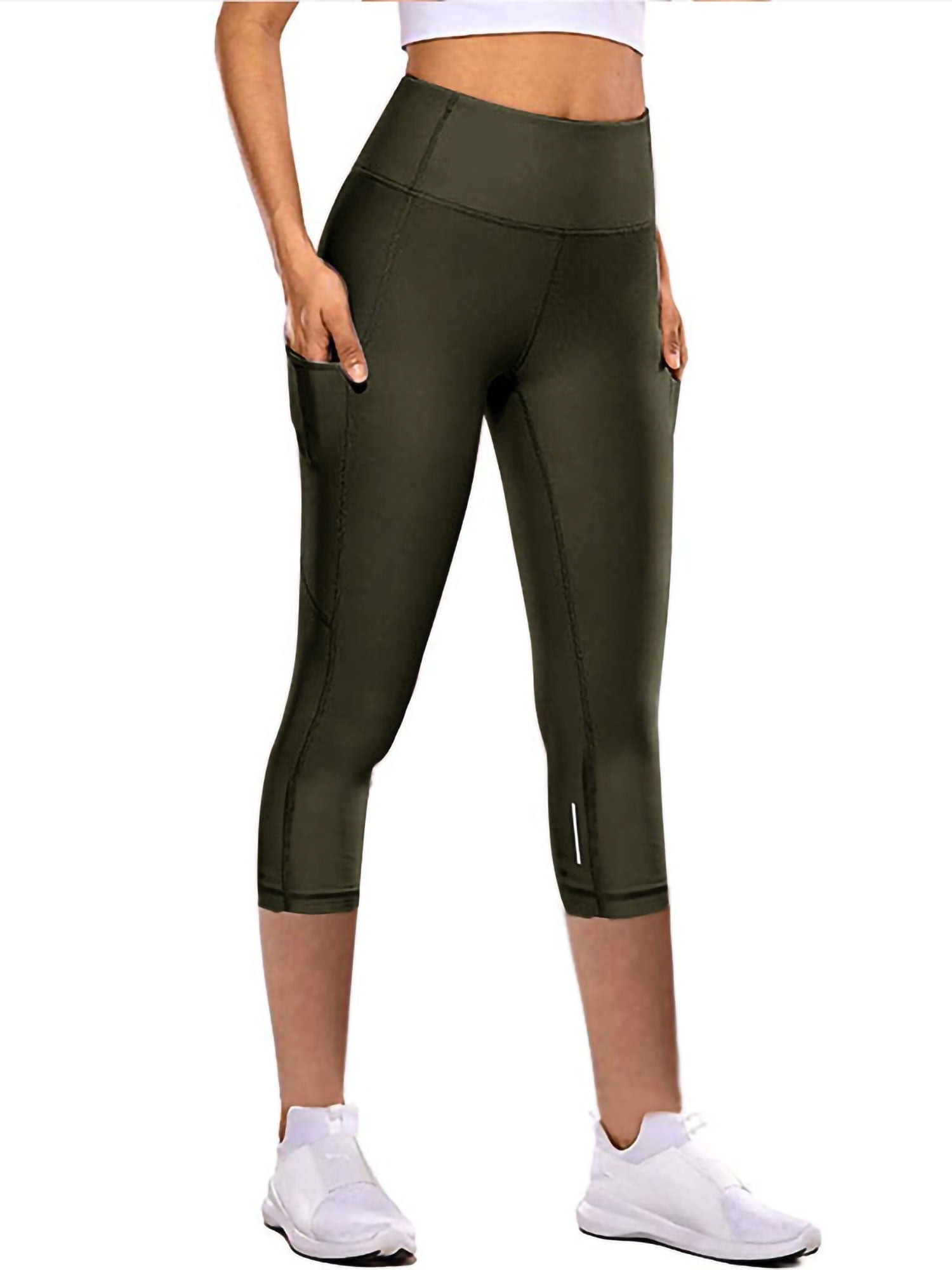 Womens Compression Leggings Capri Workout Running 3/4 Pants with Pocket & Mesh Panels
