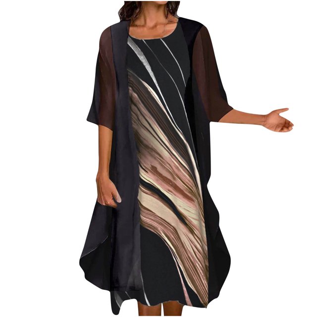 Vestido de dos piezas de manga corta con cuello redondo y estampado casual de moda para mujer Wmkox8yi bvn67