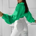 thumbnail image 4 of Long Sleeve Crop Shirts for Women Button Up Lapel V Neck Lantern Sleeve Bandage Solid Tunic Blouses Green,XL, 4 of 6