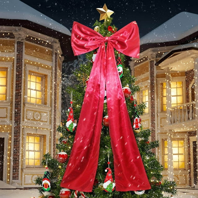 Extra Large Red Satin Bow Christmas Tree Topper with Long Streamers for Holiday Home Decoration