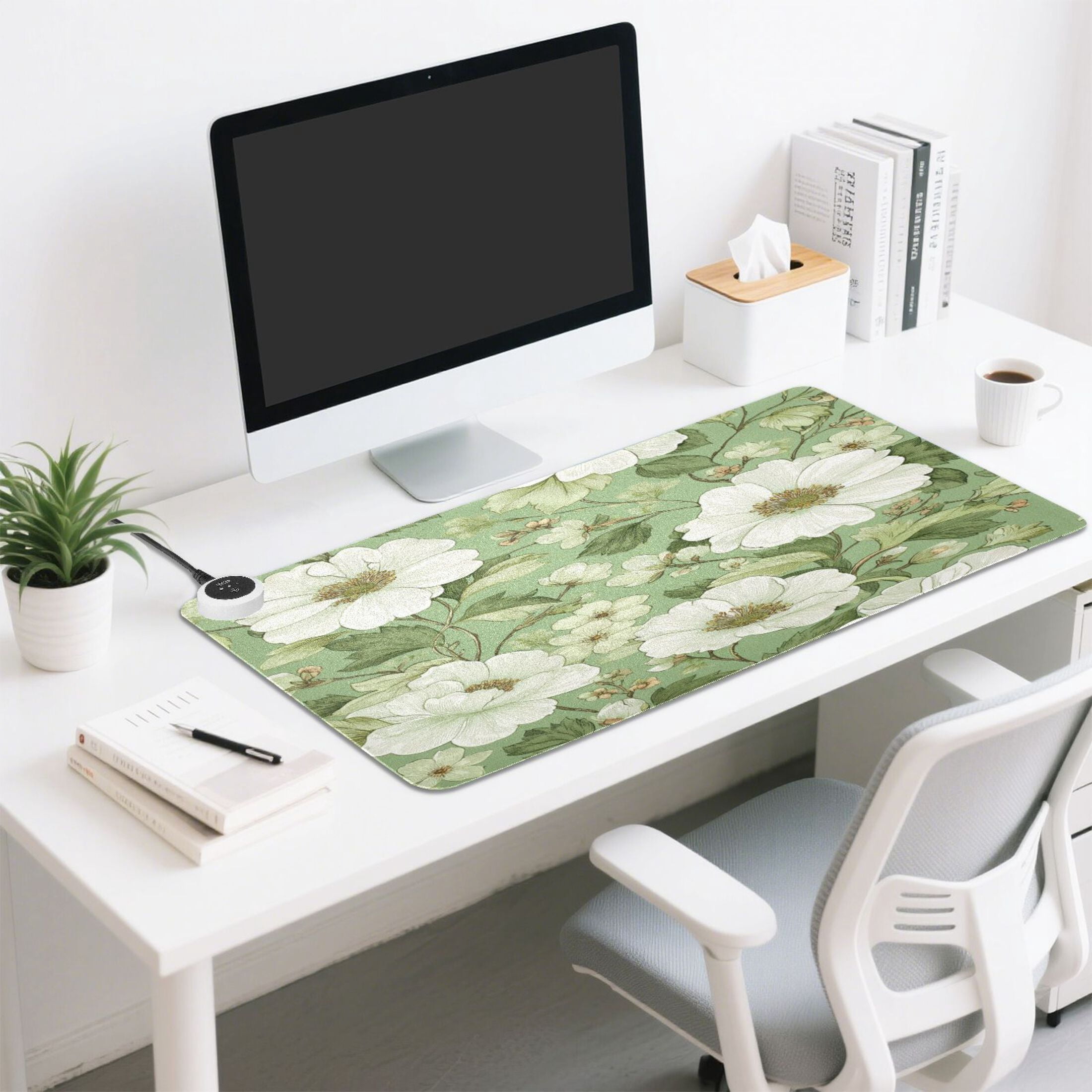 Large Heated Desk Mat Mouse Pad 31.5"x13"PU Leather Graphene Heating Desk Warmer with 3 Temperature Settings 110V US Plug Non-Slip Warm Pad for Home, Office, and Gaming Soft Green Floral Seamless