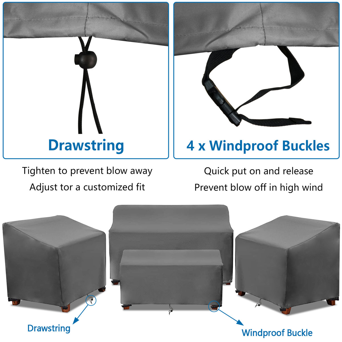 Outdoor Furniture Covers 4-Piece Set - Heavy Duty Waterproof Patio Sofa Covers for Sectional Sets, All-Weather Protected Table Cover, Gray