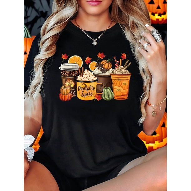 Women'S Black T-Shirt with Pumpkin Spice Drink Design - Casual Crew Neck Short Sleeve Top, autumn-Themed Graphic Tee for Fall Celebrations, Fall Festive Clothing | Playful Graphic Tee