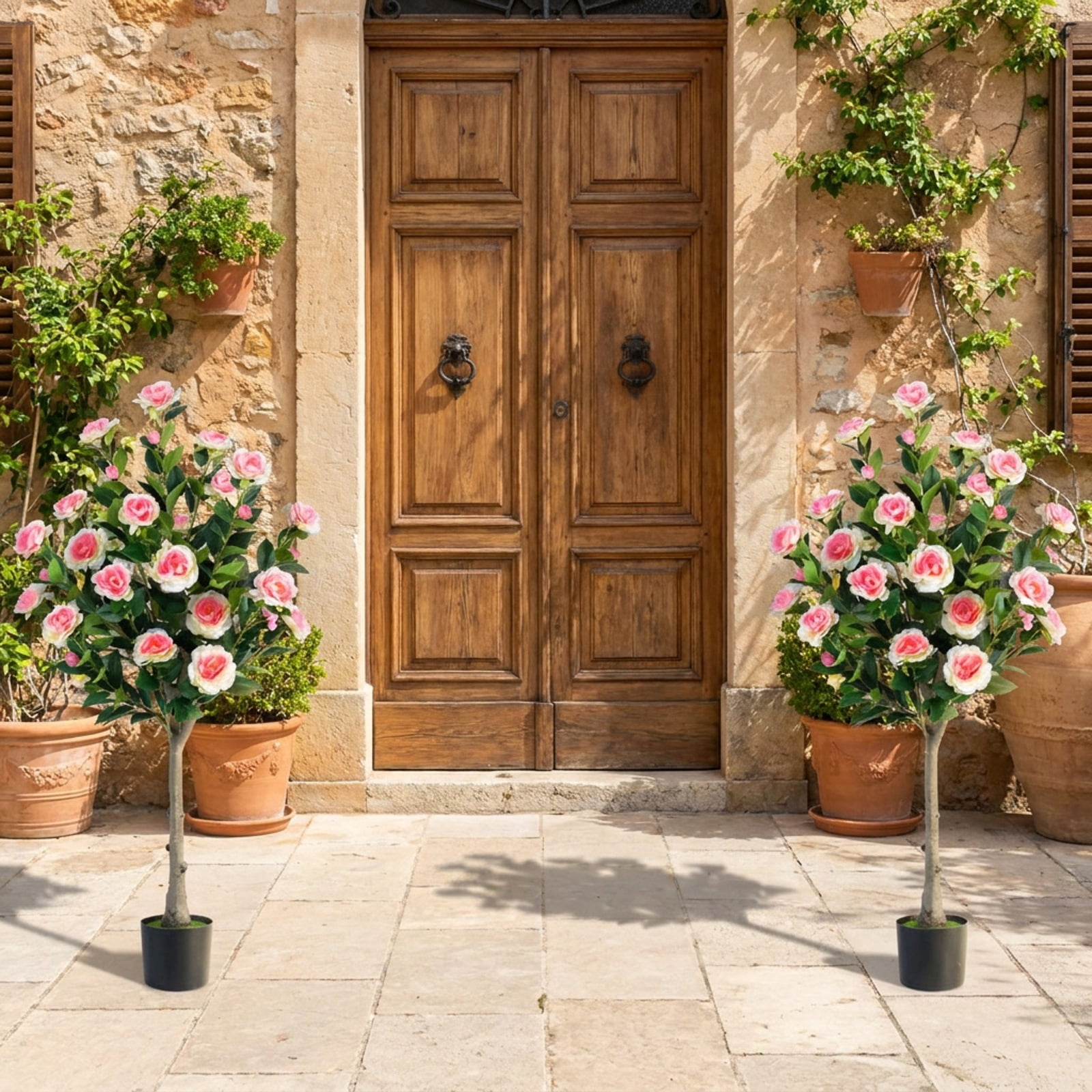 Vebreda Artificial Plant Decor, Artificial Camellia Tree with 27 Blossoms in Cement Pot for Home, Realistic Floral Details, Built to Last