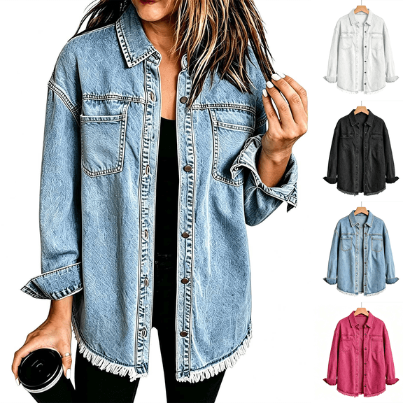 Dvprdro Womens Oversized Denim Jacket Button Front Long Sleeve Shacket with Pockets Loose Fit Fall Winter Casual Coat