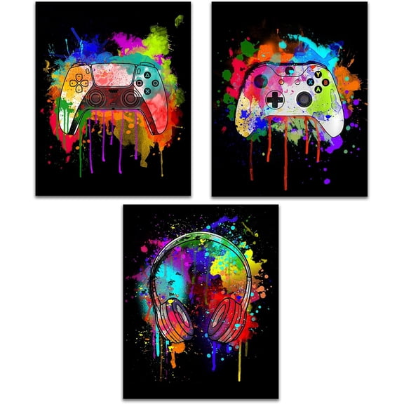 Prints Watercolor Gaming Canvas Posters Set of 3 (8x10), Boys Room Wall Decorations for Bedroom, Gaming Room Accessories, Gamer, Boy, Teen Room Wall Art Decor, Gaming Room Decor - UNFRAMED (Black)