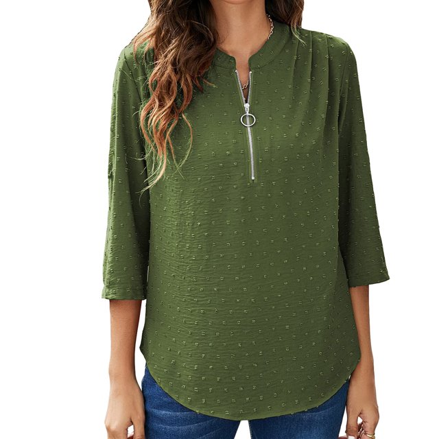 Blusa Cremallera Volantes Espalda Estampado de puntos Manga tres cuartos Cuello redondo Tops de moda para mujer