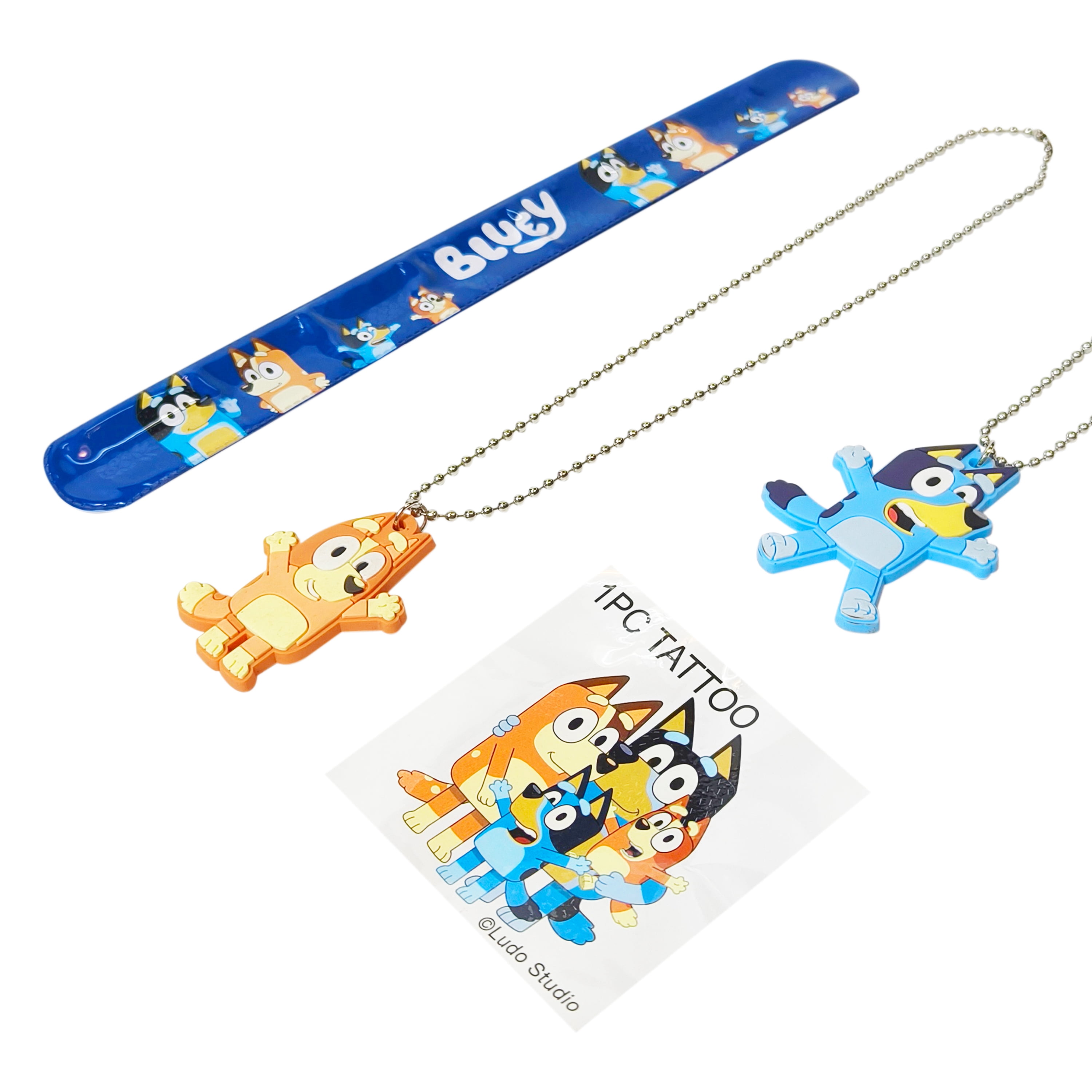 Bluey Surprise Ball with a bracelet, keychain, necklace, and tattoo
