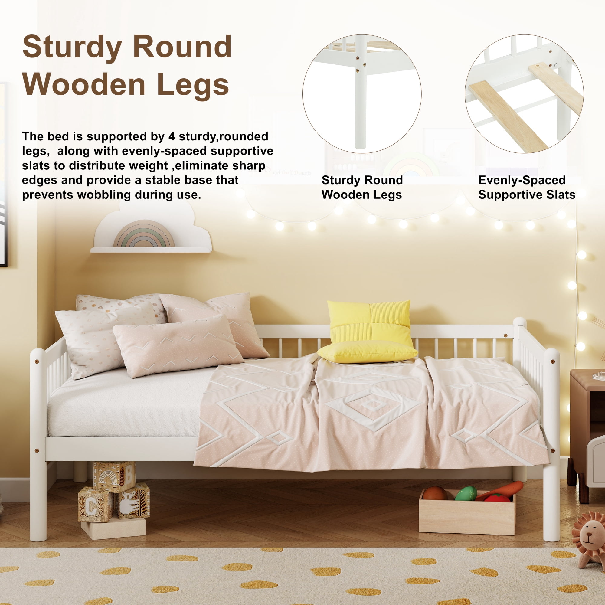 HOQBN Twin Size Pine Wood Daybed, Sofa Bed Frame with 3-Side Guardrails and 10 Support Slats for Bedroom, White