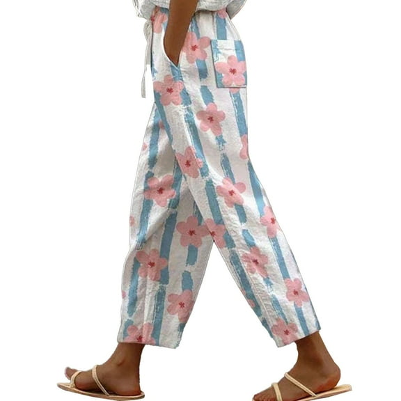 Jxximdong Cargo Pants for Women, Elasticated Belt High Waist Pocket Autumn Linen Print Casual Pants, Black Womens Casual Trousers