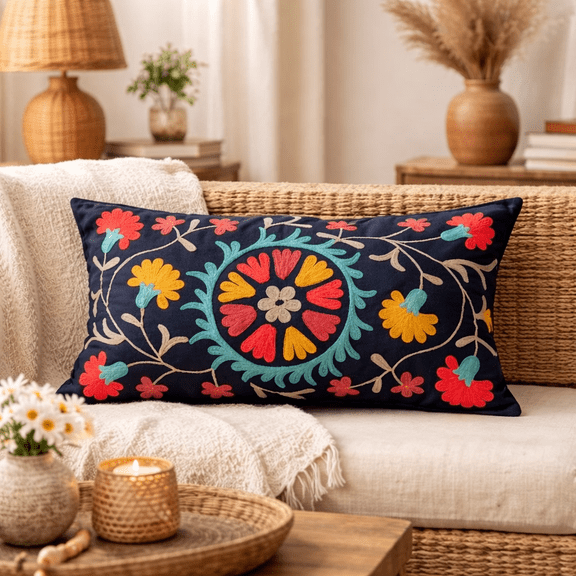 Decorative Lumbar Pillow for Living Room Couch Sofa | Embroidered Floral Design Pillow with Insert 24x14" | Multicolor