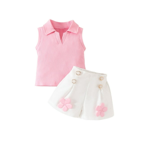 0-5y Kids Girl Summer 2pcs Outfits Sleeveless Lapel Tank Tops Floral Skirt Shorts Set Children's Clothing Sets