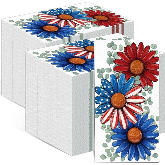 100 Pcs Patriotic Guest Napkins Memorial Day American Flag Floral Disposable Paper Dinner Napkins American 250th Anniversary Hand Napkin Towel for Summer 4th of July Party Decor(Daisy)