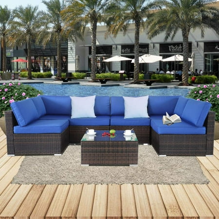 Patio Furniture Rattan Sofa 7pcs Brown Wicker Royal Blue Cushion Patio Furniture Rattan Sofa 7pcs Brown Wicker Royal Blue Cushion Garden Sectional Couch Set Outdoor Conversation Sets Easy Embled